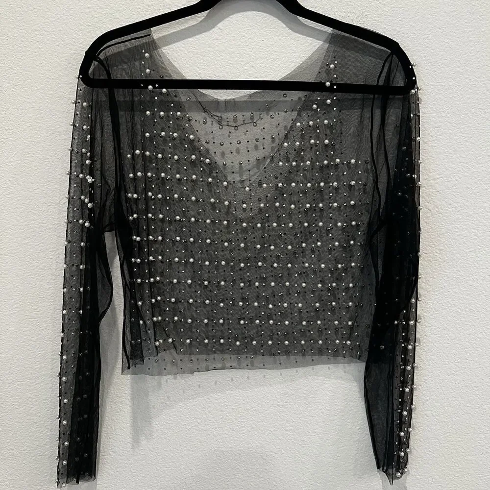 Y2K 2000s clubwear cropped casual pearl and rhinestone top women’s Sz L - Picture 4 of 7